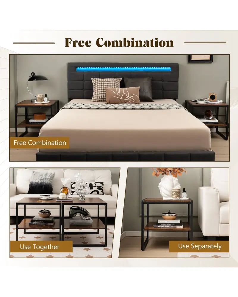 2 Pieces 2-Tier 20 Inch Square End Side Table for Living Room Bedroom-Rustic Brown - Rustic Brown - End & Side Tables