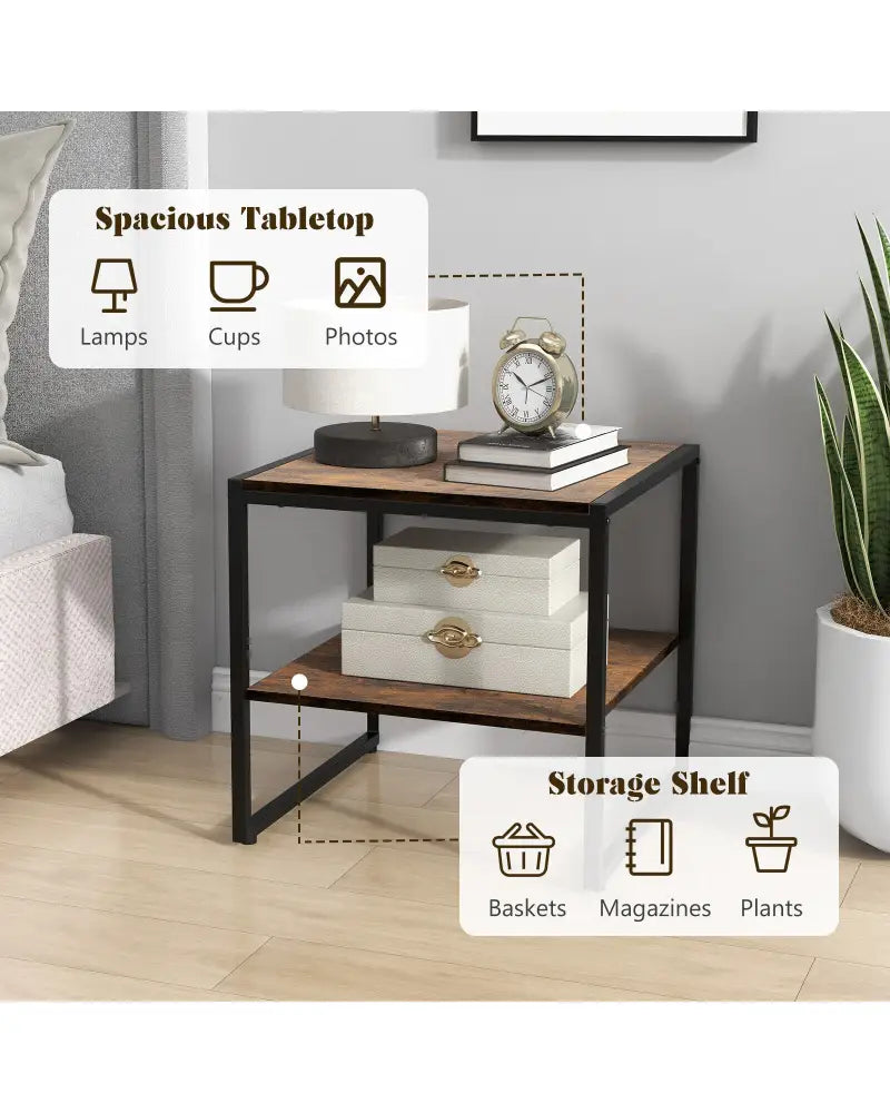 2 Pieces 2-Tier 20 Inch Square End Side Table for Living Room Bedroom-Rustic Brown - Rustic Brown - End & Side Tables