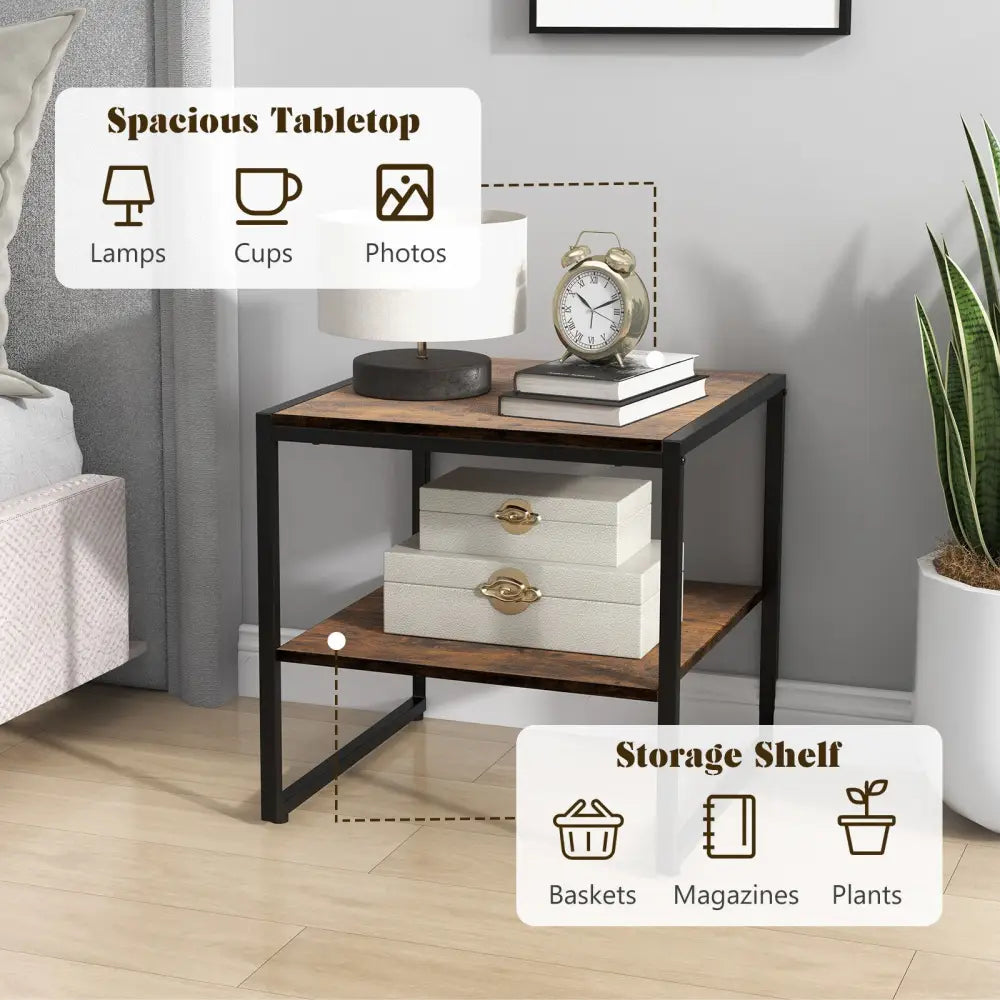 2 Pieces 2-Tier 20 Inch Square End Side Table for Living Room Bedroom-Rustic Brown - Rustic Brown - End & Side Tables