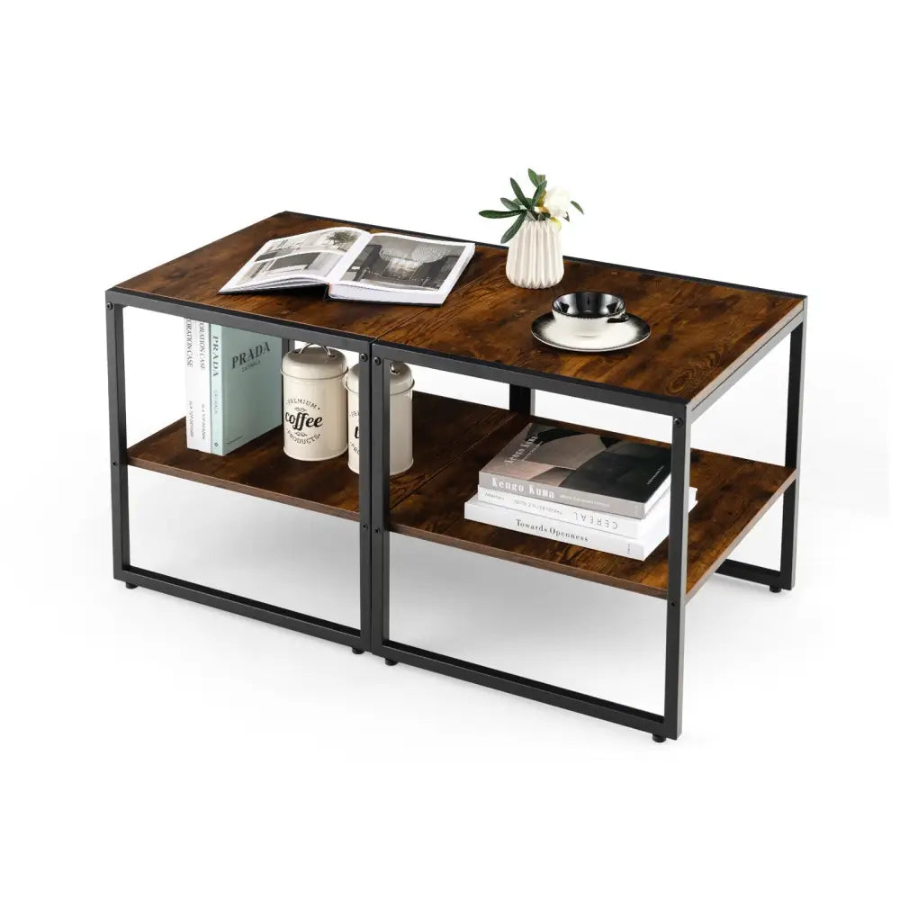 2 Pieces 2-Tier 20 Inch Square End Side Table for Living Room Bedroom-Rustic Brown Costway