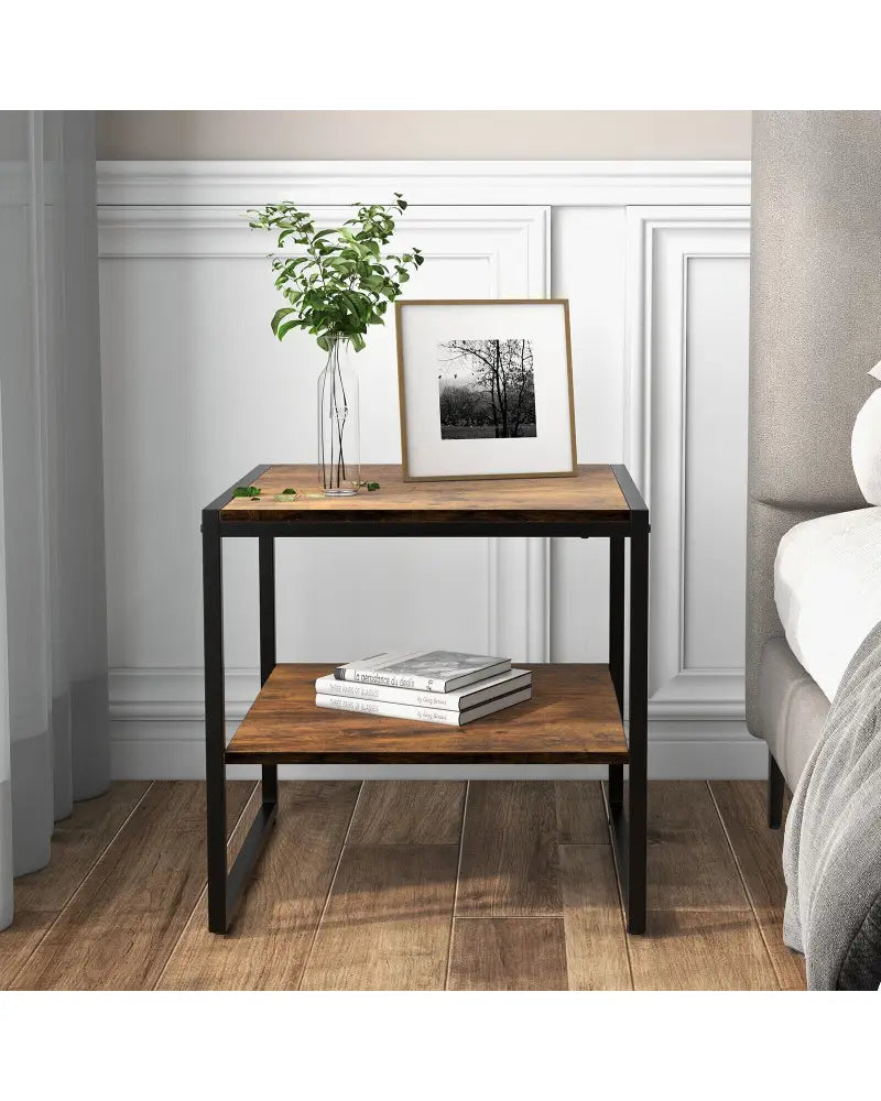 2 Pieces 2-Tier 20 Inch Square End Side Table for Living Room Bedroom-Rustic Brown - Rustic Brown - End & Side Tables