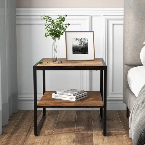 2 Pieces 2-Tier 20 Inch Square End Side Table for Living Room Bedroom-Rustic Brown - Rustic Brown - End & Side Tables