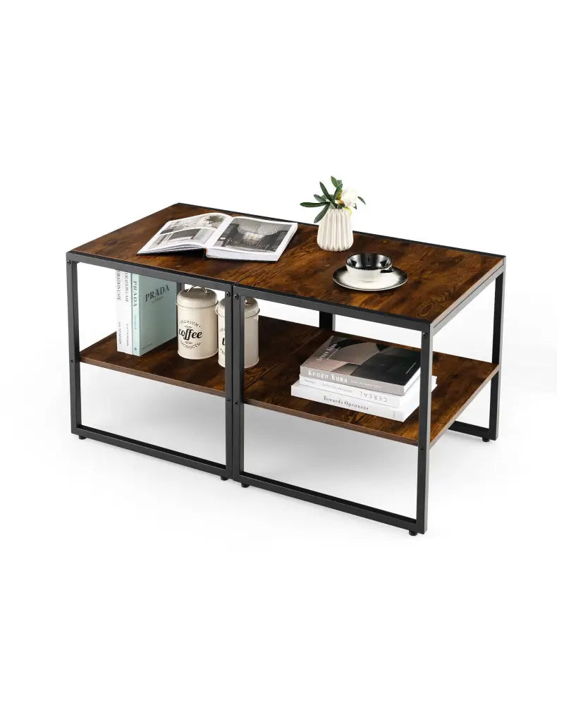 2 Pieces 2-Tier 20 Inch Square End Side Table for Living Room Bedroom-Rustic Brown - Rustic Brown - End & Side Tables
