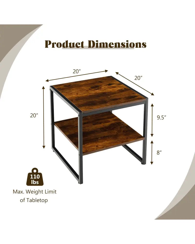 2 Pieces 2-Tier 20 Inch Square End Side Table for Living Room Bedroom-Rustic Brown - Rustic Brown - End & Side Tables