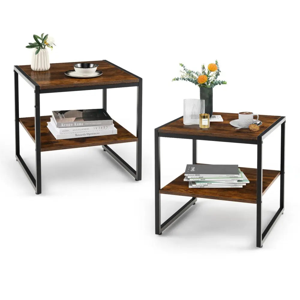 2 Pieces 2-Tier 20 Inch Square End Side Table for Living Room Bedroom-Rustic Brown Costway