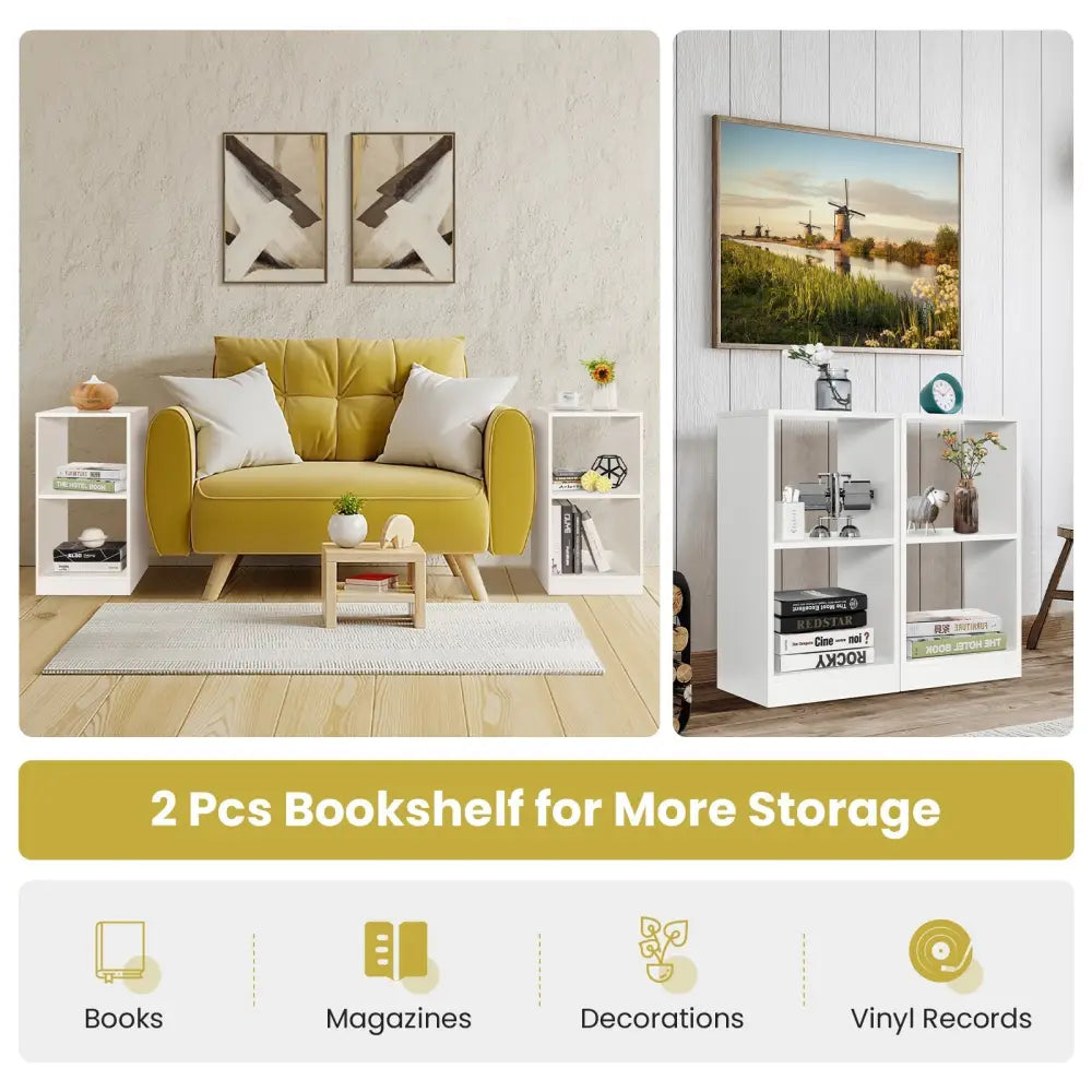 2 Pieces 2-tier Bookcase Set with Anti-toppling Device-White Costway