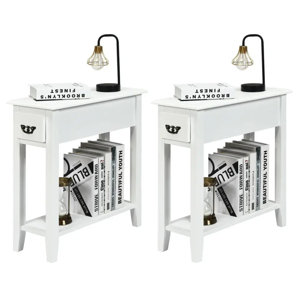 2 Pieces 2 Tier Sofa Side End Table with Drawer and Open Shelf-White Costway