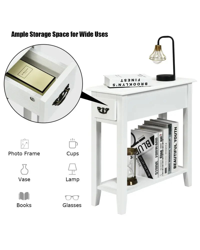 2 Pieces 2 Tier Sofa Side End Table with Drawer and Open Shelf-White - White - End & Side Tables