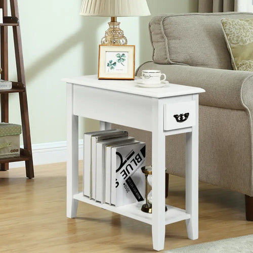 2 Pieces 2 Tier Sofa Side End Table with Drawer and Open Shelf-White - White - End & Side Tables