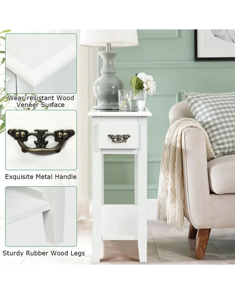 2 Pieces 2 Tier Sofa Side End Table with Drawer and Open Shelf-White - White - End & Side Tables