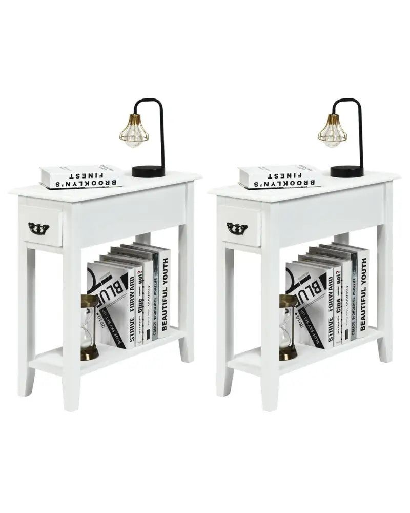2 Pieces 2 Tier Sofa Side End Table with Drawer and Open Shelf-White - White - End & Side Tables