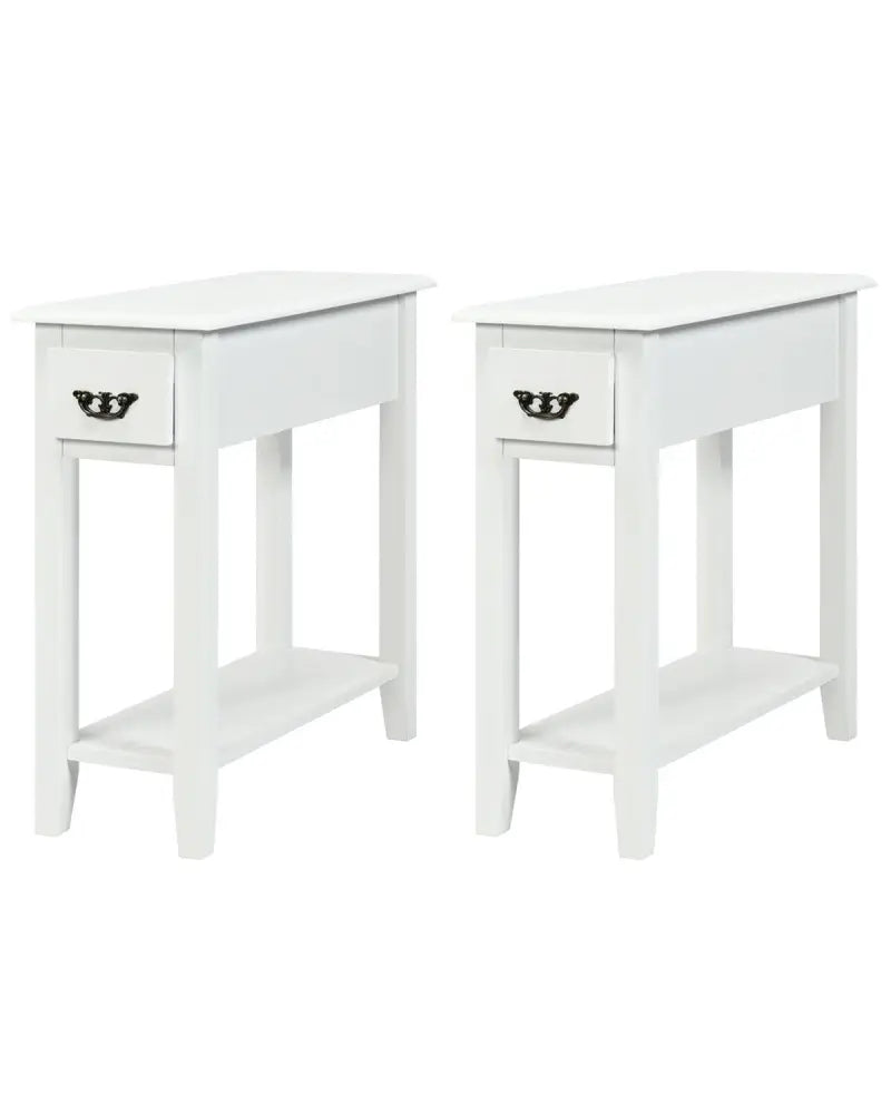 2 Pieces 2 Tier Sofa Side End Table with Drawer and Open Shelf-White - White - End & Side Tables