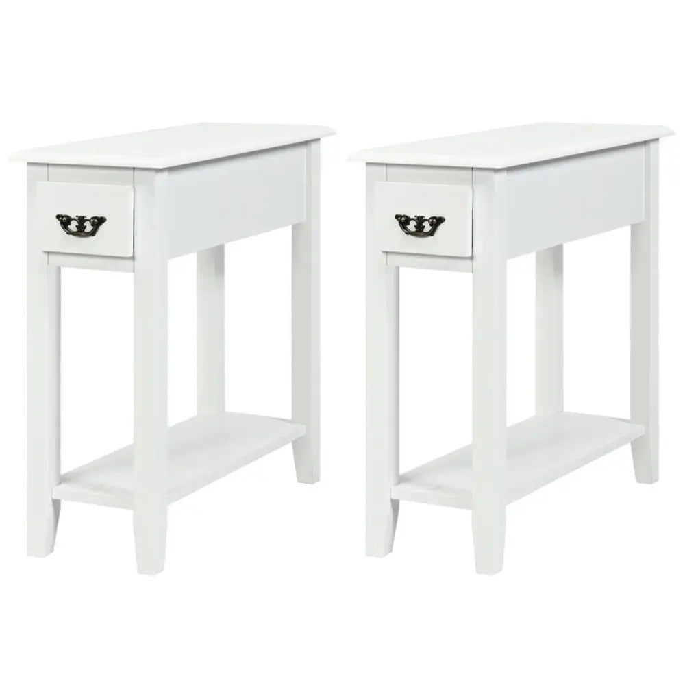 2 Pieces 2 Tier Sofa Side End Table with Drawer and Open Shelf-White - White - End & Side Tables
