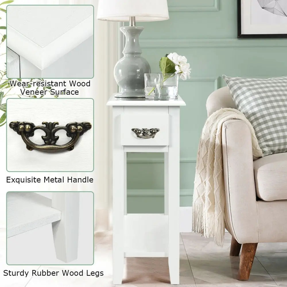 2 Pieces 2 Tier Sofa Side End Table with Drawer and Open Shelf-White Costway