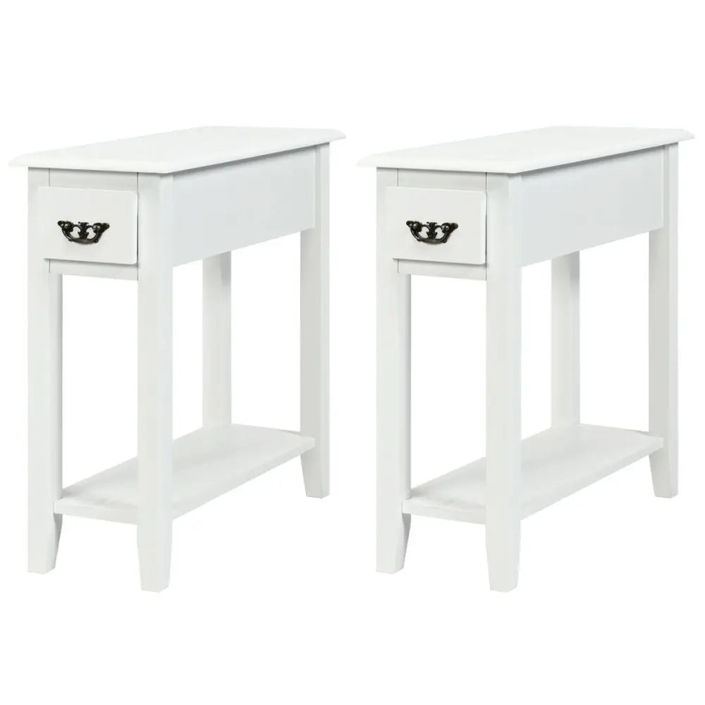 2 Pieces 2 Tier Sofa Side End Table with Drawer and Open Shelf-White Costway