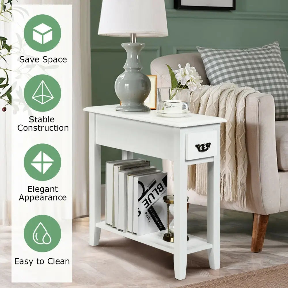 2 Pieces 2 Tier Sofa Side End Table with Drawer and Open Shelf-White Costway