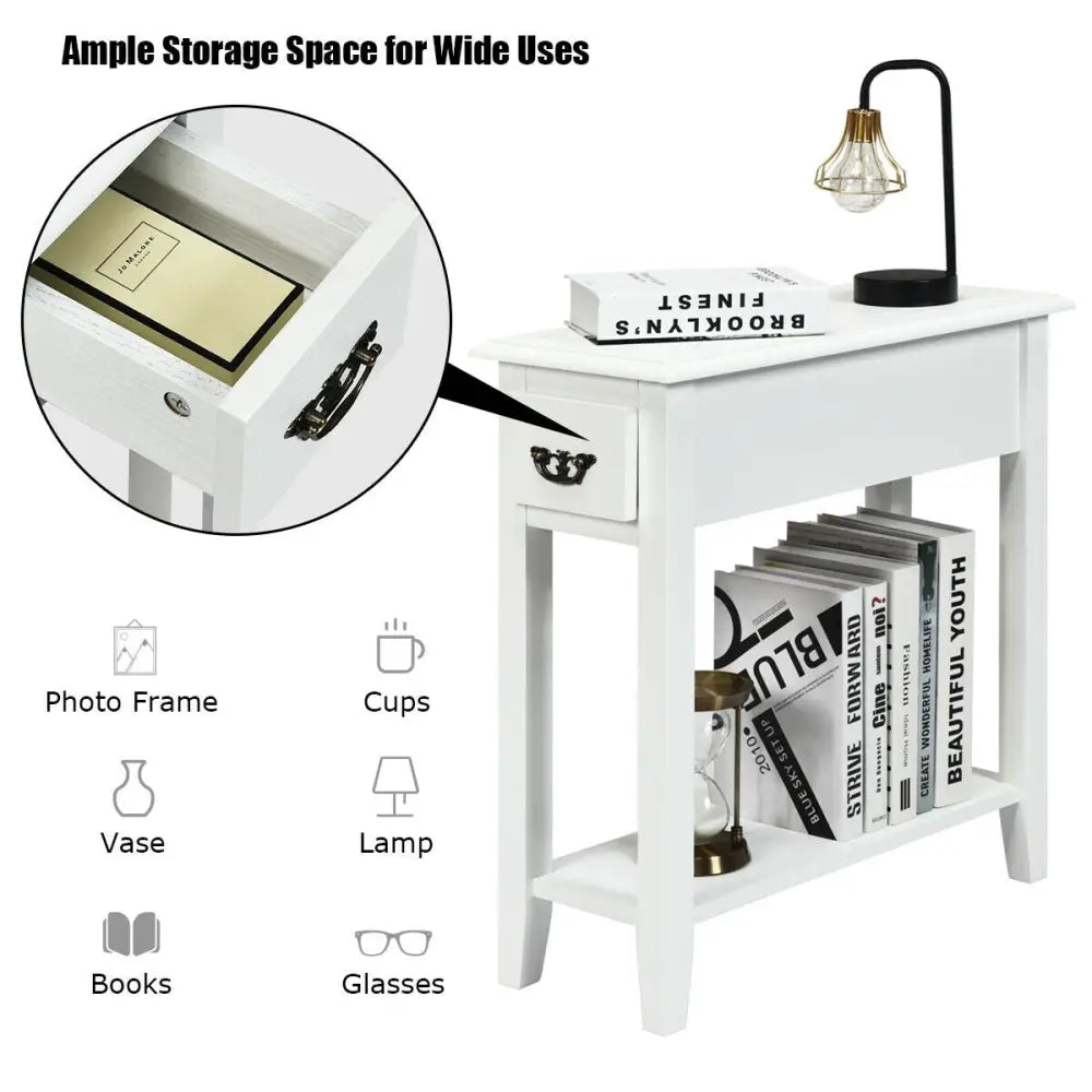 2 Pieces 2 Tier Sofa Side End Table with Drawer and Open Shelf-White Costway