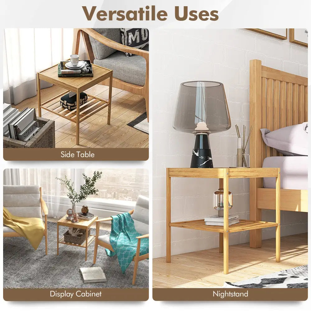 2 Pieces 2 Tiers Bamboo Nightstand for Living Room Bedroom-Natural - Natural - Nightstands