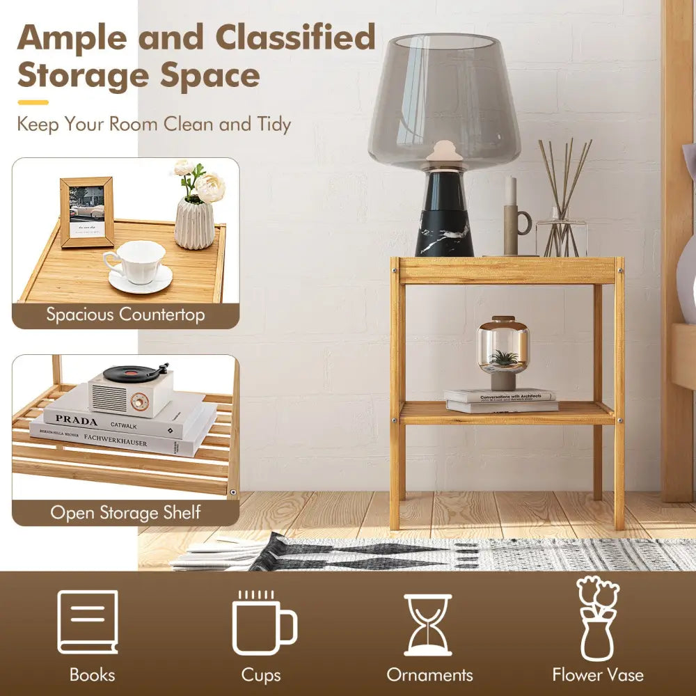 2 Pieces 2 Tiers Bamboo Nightstand for Living Room Bedroom-Natural - Natural - Nightstands