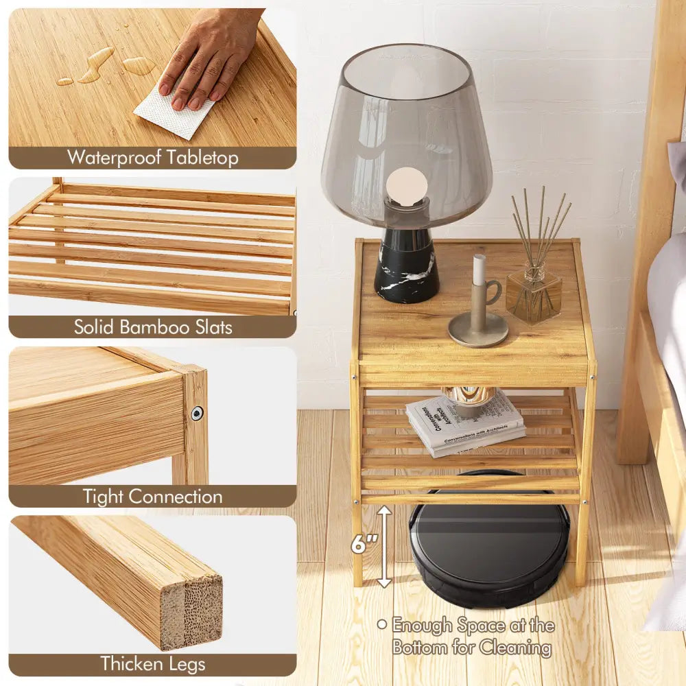 2 Pieces 2 Tiers Bamboo Nightstand for Living Room Bedroom-Natural - Natural - Nightstands