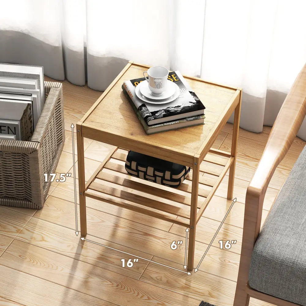 2 Pieces 2 Tiers Bamboo Nightstand for Living Room Bedroom-Natural - Natural - Nightstands