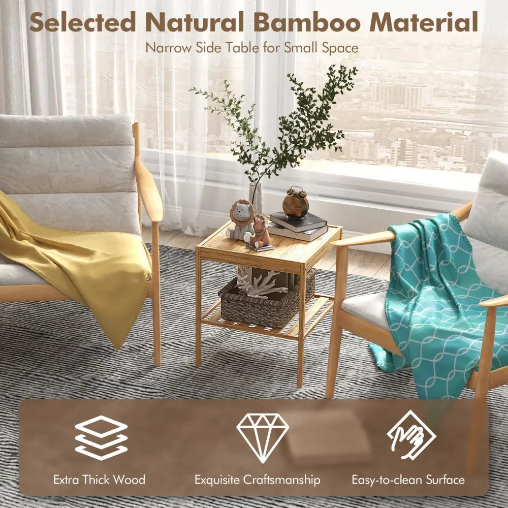2 Pieces 2 Tiers Bamboo Nightstand for Living Room Bedroom-Natural - Natural - Nightstands