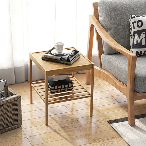 2 Pieces 2 Tiers Bamboo Nightstand for Living Room Bedroom-Natural - Natural - Nightstands