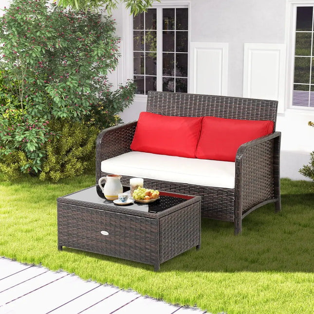 2 Pieces Wicker Loveseat Set with Coffee Table - Brown - Patio Conversation Sets