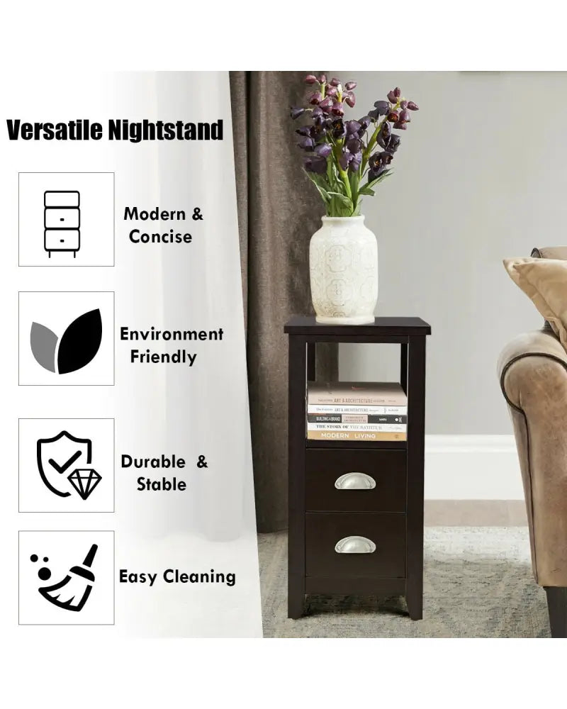2 Pieces Wooden Bed-side Nightstand Set with 2 Drawers-Dark Brown - Dark Brown - Nightstands