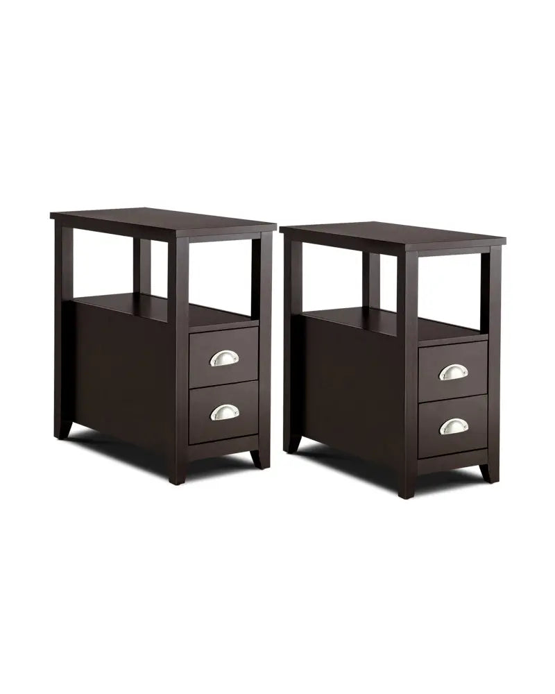 2 Pieces Wooden Bed-side Nightstand Set with 2 Drawers-Dark Brown - Dark Brown - Nightstands