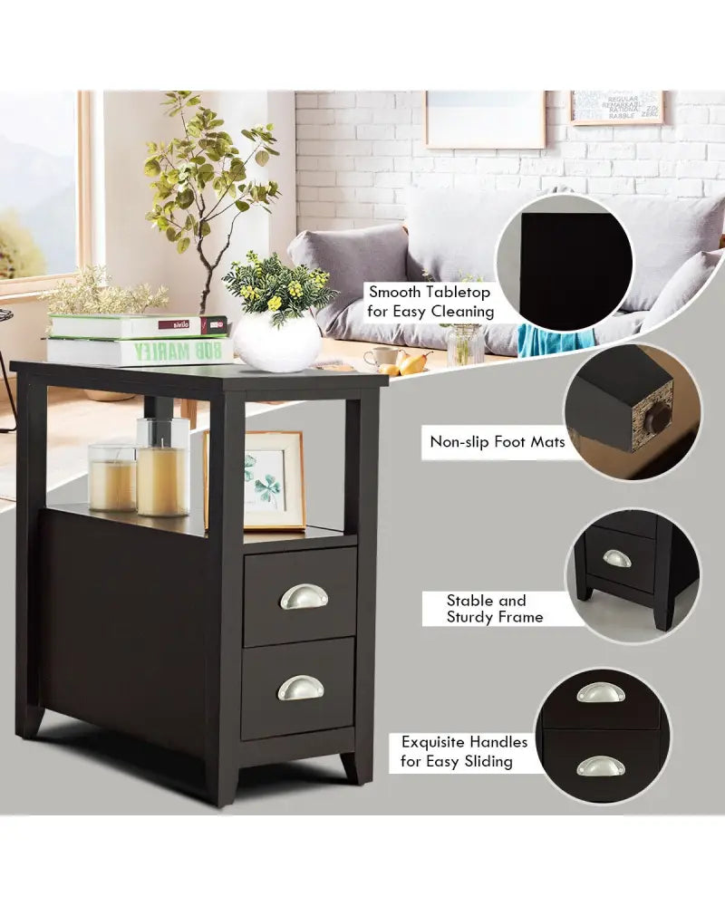 2 Pieces Wooden Bed-side Nightstand Set with 2 Drawers-Dark Brown - Dark Brown - Nightstands