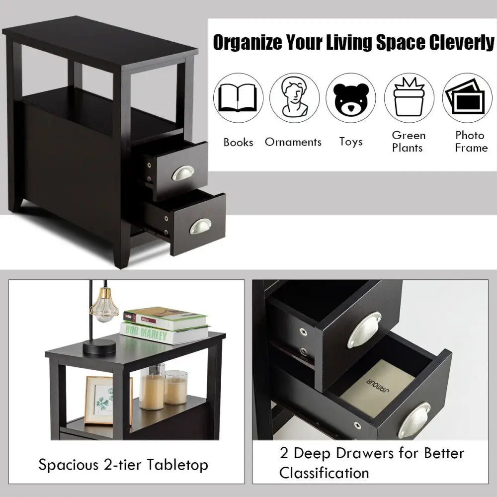 2 Pieces Wooden Bed-side Nightstand Set with 2 Drawers-Dark Brown - Dark Brown - Nightstands