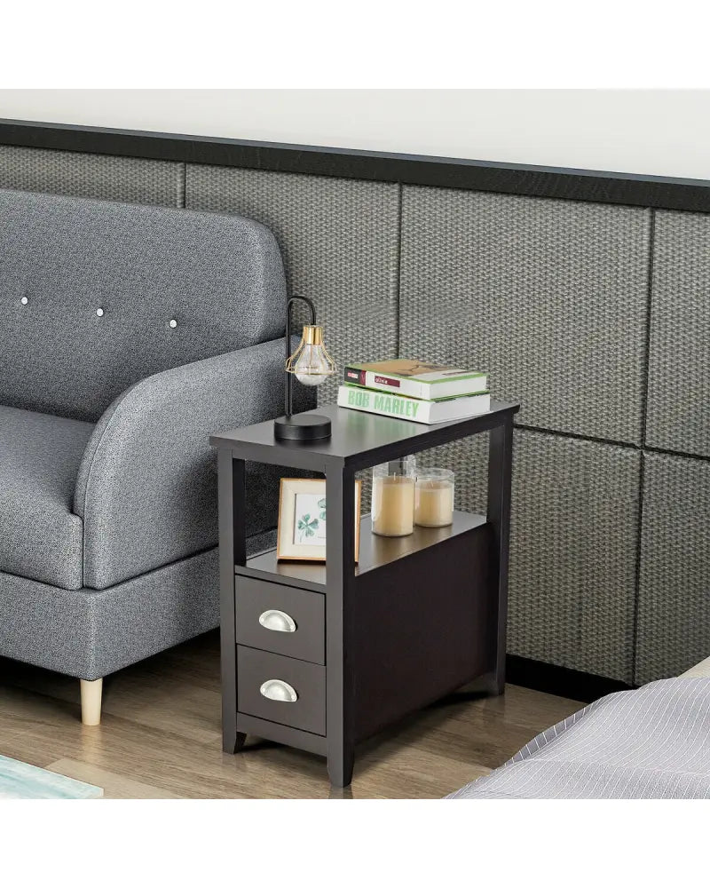 2 Pieces Wooden Bed-side Nightstand Set with 2 Drawers-Dark Brown - Dark Brown - Nightstands