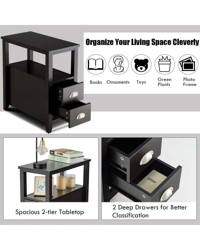 2 Pieces Wooden Bed-side Nightstand Set with 2 Drawers-Dark Brown - Dark Brown - Nightstands