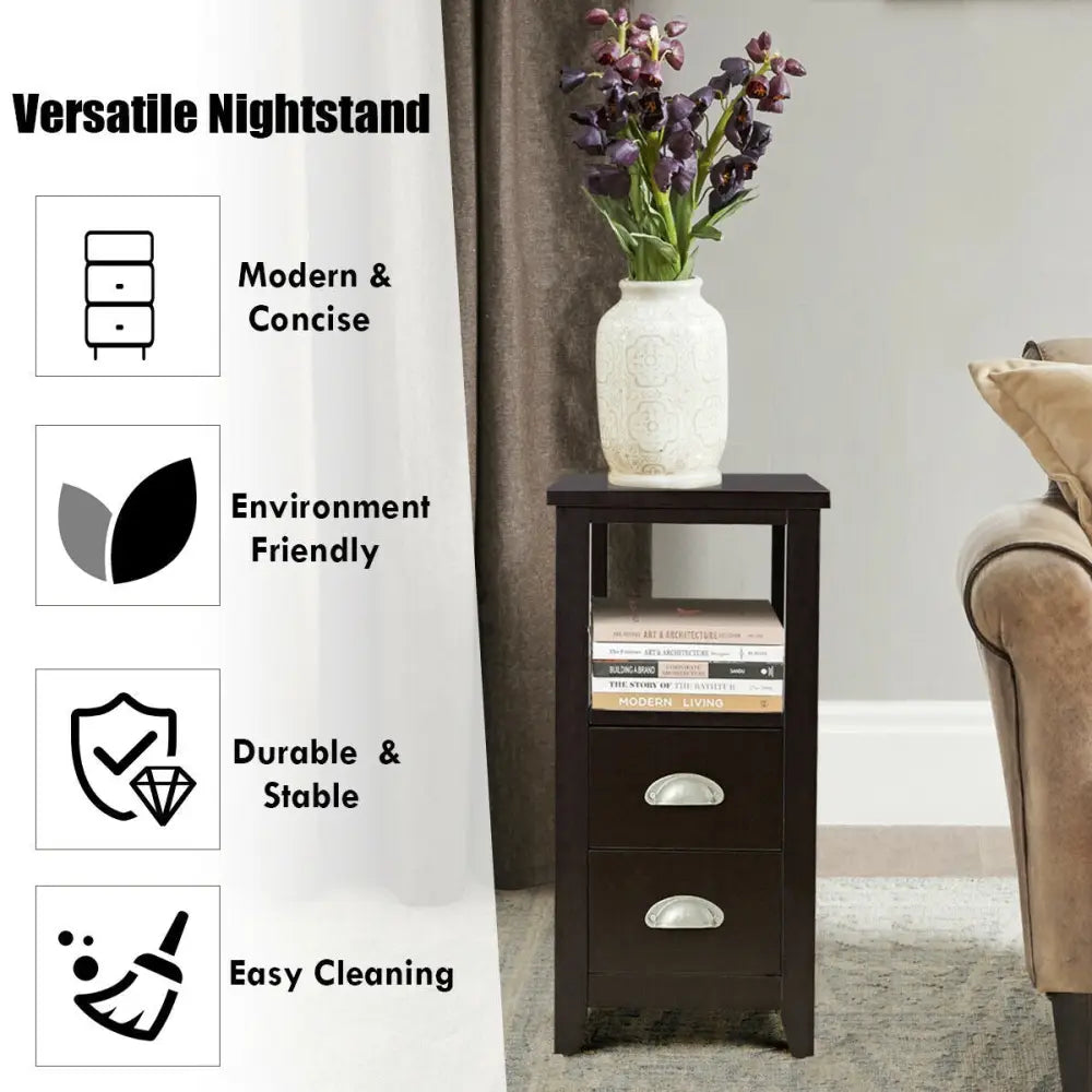 2 Pieces Wooden Bed-side Nightstand Set with 2 Drawers-Dark Brown - Dark Brown - Nightstands