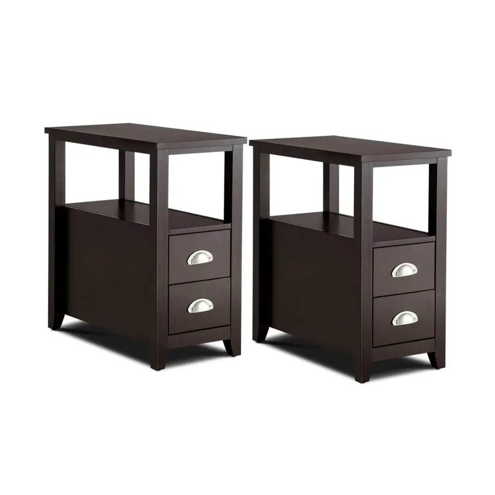 2 Pieces Wooden Bed-side Nightstand Set with 2 Drawers-Dark Brown - Dark Brown - Nightstands