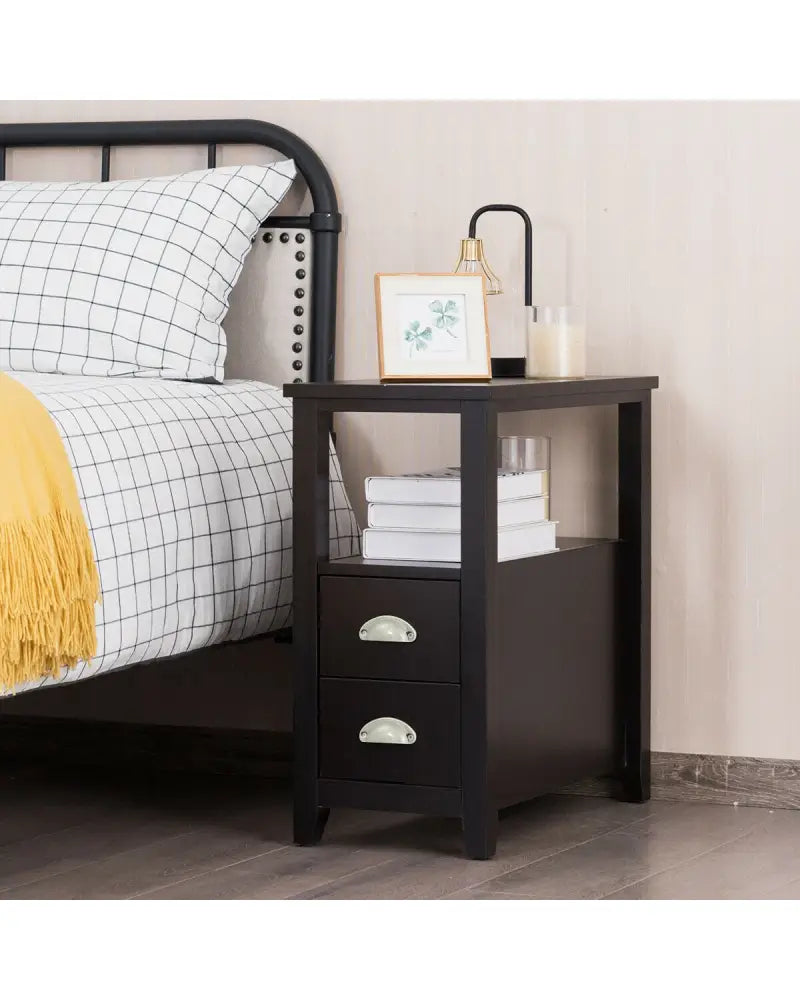 2 Pieces Wooden Bed-side Nightstand Set with 2 Drawers-Dark Brown - Dark Brown - Nightstands