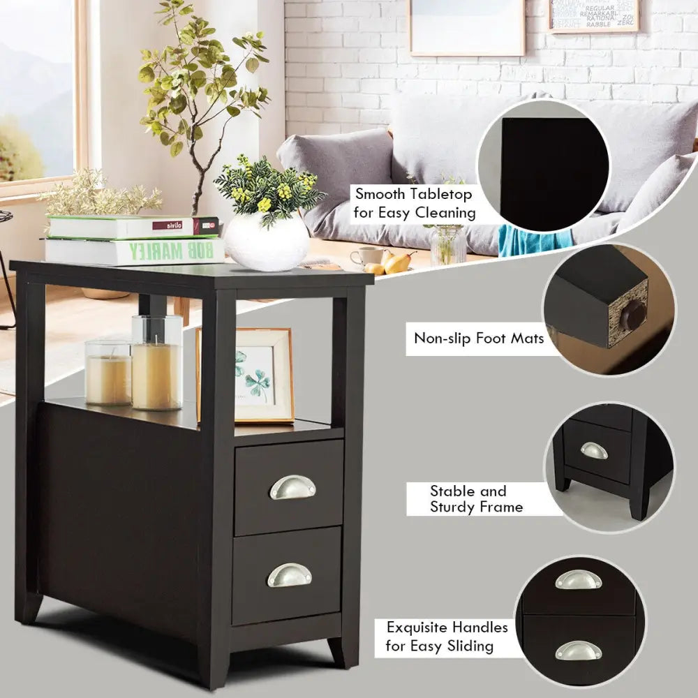 2 Pieces Wooden Bed-side Nightstand Set with 2 Drawers-Dark Brown - Dark Brown - Nightstands