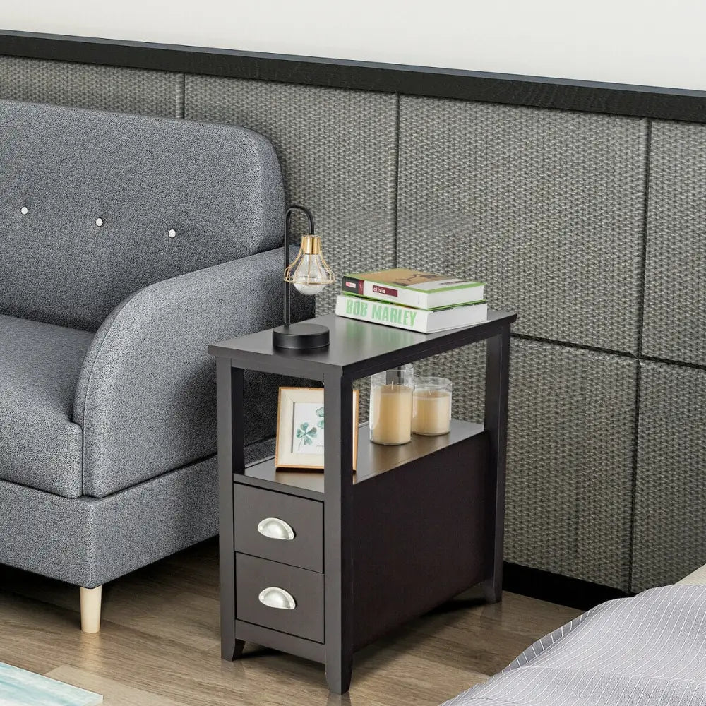 2 Pieces Wooden Bed-side Nightstand Set with 2 Drawers-Dark Brown - Dark Brown - Nightstands