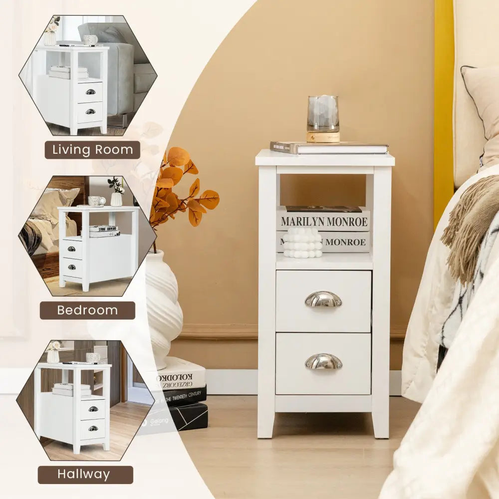 2 Pieces Wooden Bed-side Nightstand Set with 2 Drawers-White - White - Nightstands