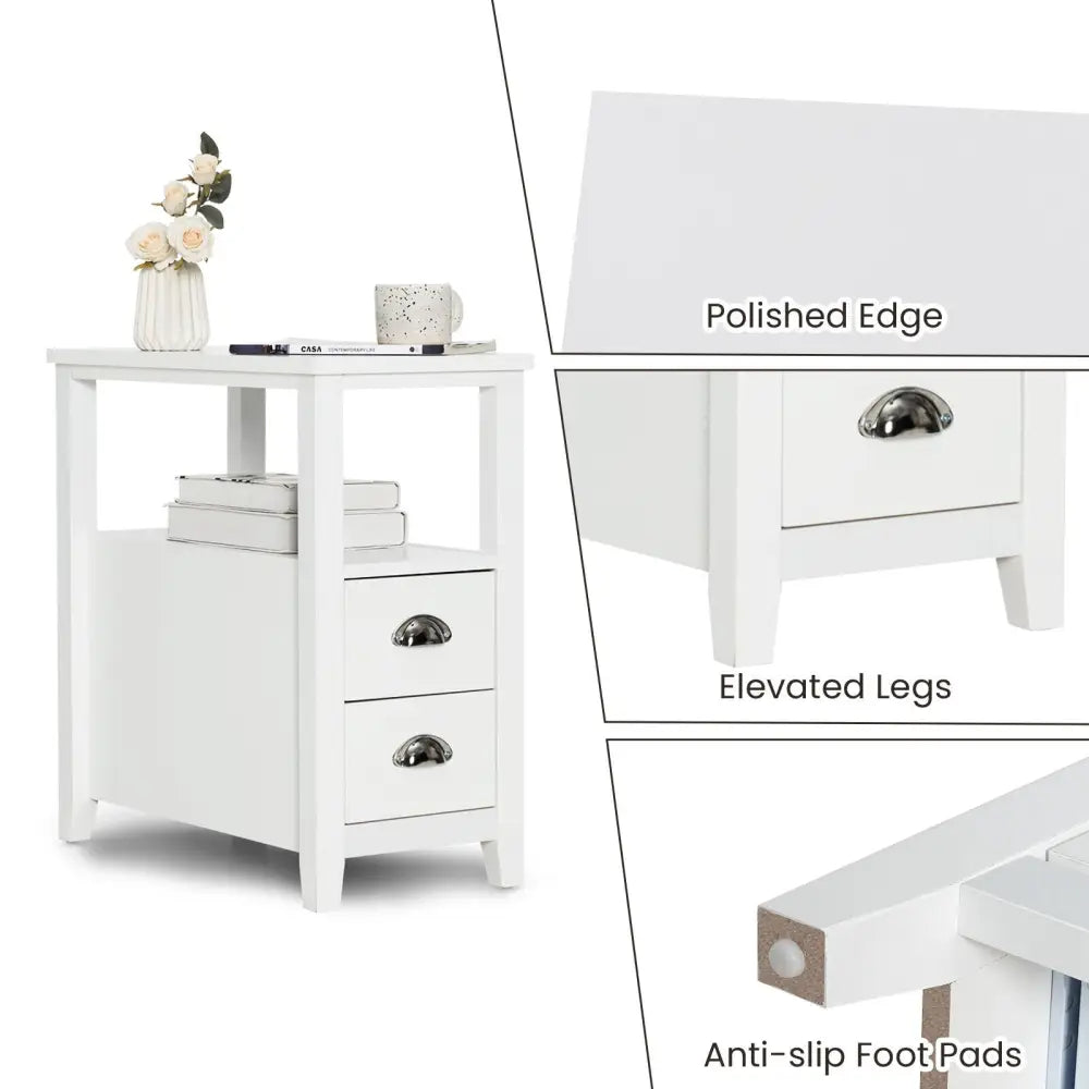 2 Pieces Wooden Bed-side Nightstand Set with 2 Drawers-White - White - Nightstands