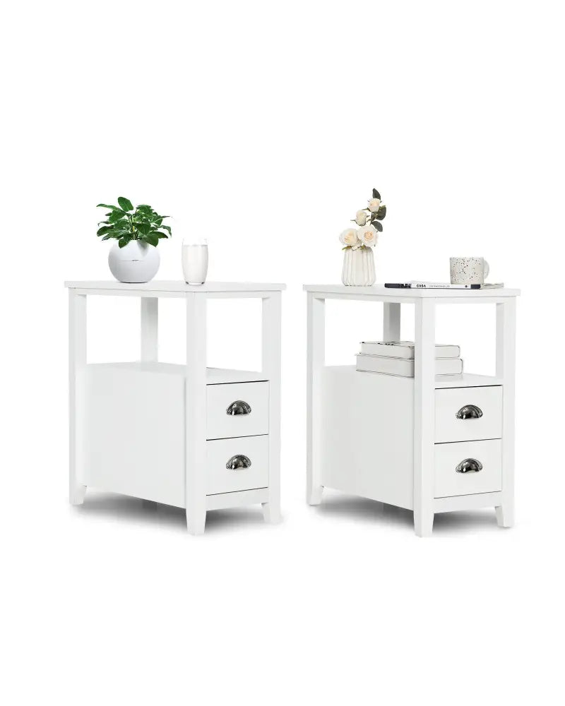 2 Pieces Wooden Bed-side Nightstand Set with 2 Drawers-White - White - Nightstands