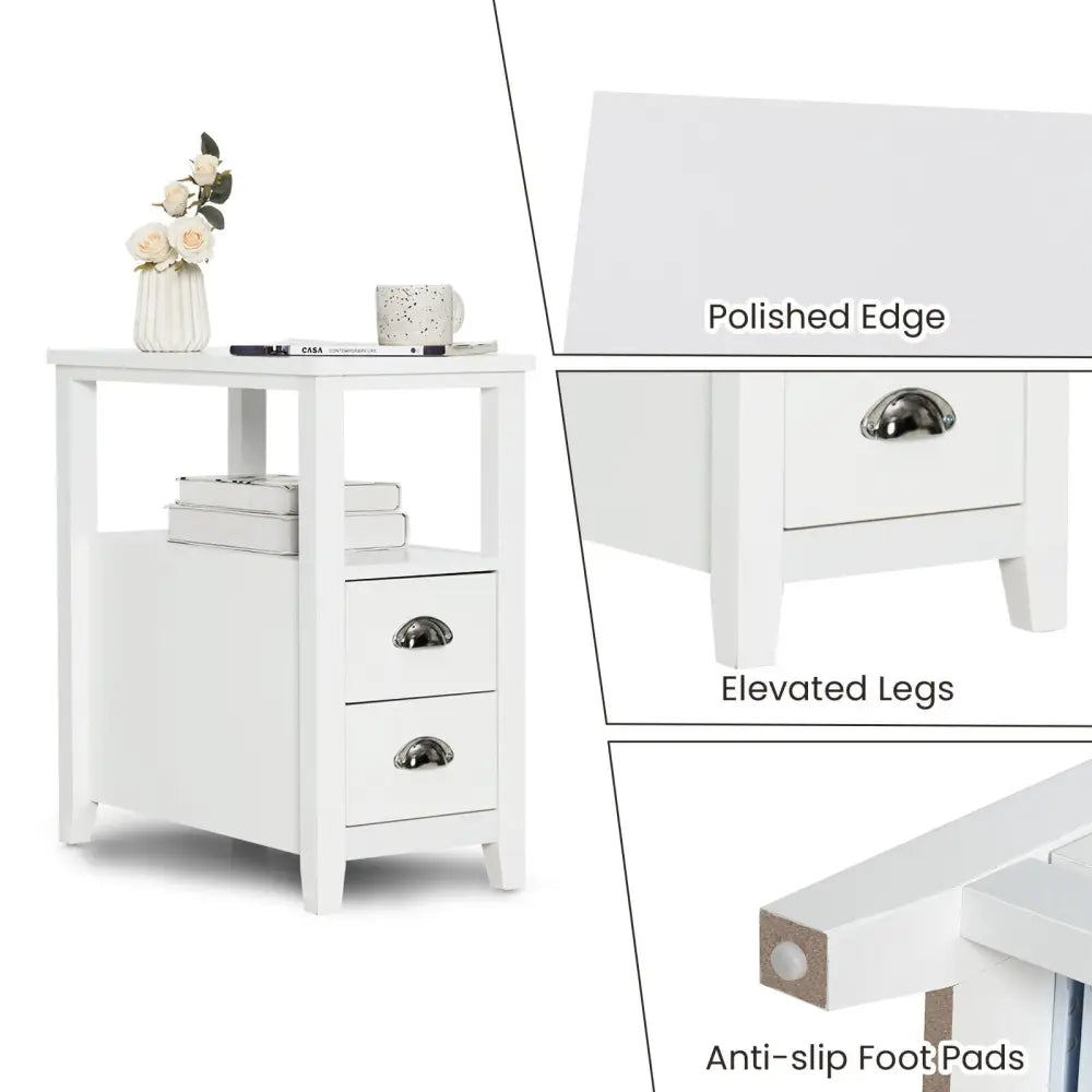 2 Pieces Wooden Bed-side Nightstand Set with 2 Drawers-White - White - Nightstands