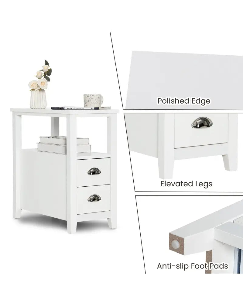 2 Pieces Wooden Bed-side Nightstand Set with 2 Drawers-White - White - Nightstands