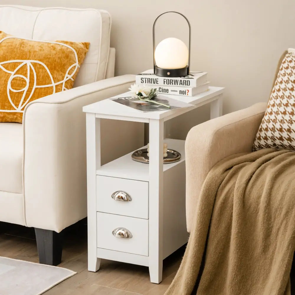 2 Pieces Wooden Bed-side Nightstand Set with 2 Drawers-White - White - Nightstands