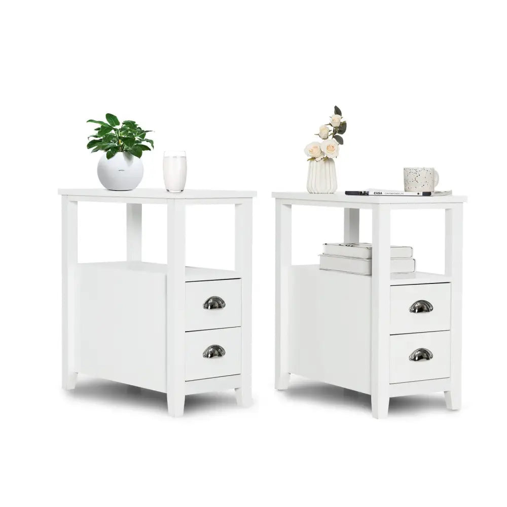 2 Pieces Wooden Bed-side Nightstand Set with 2 Drawers-White - White - Nightstands