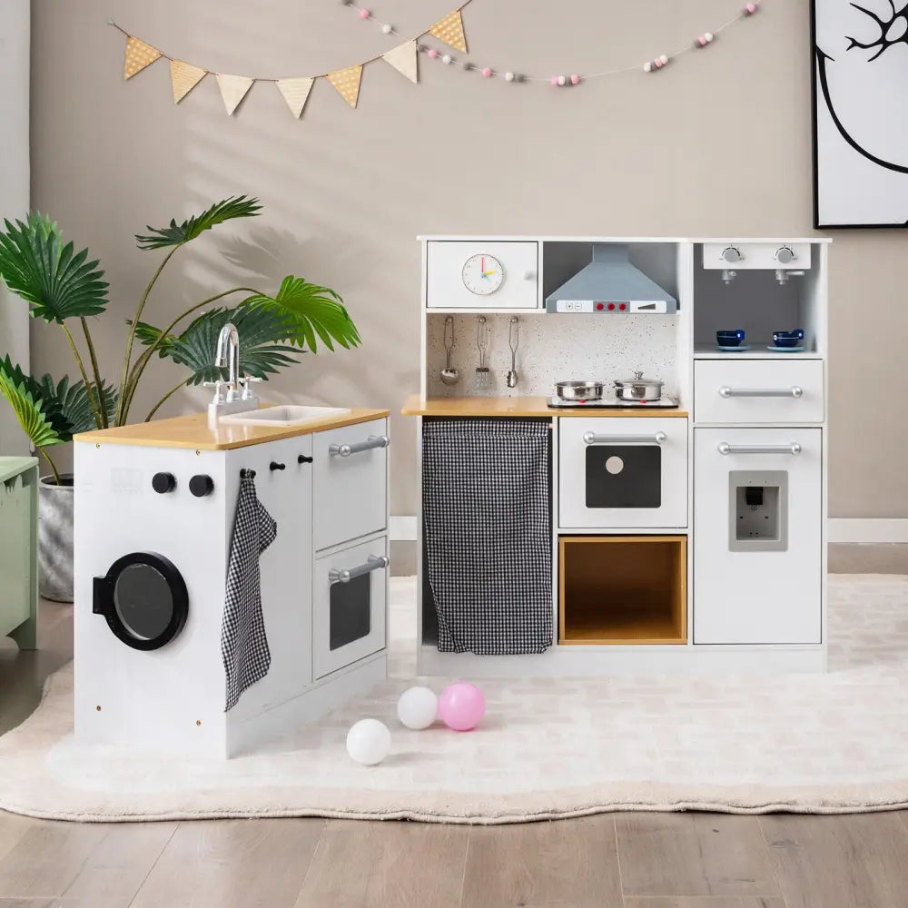 2-Pieces Wooden Kids Kitchen Playset with Light and Sound - Multicolor - Play Kitchen Sets