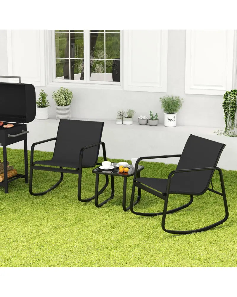 2 Rocking Bistro Chairs and Glass-Top Table for Porch Yard Balcony-Black - Black - Patio Conversation Sets