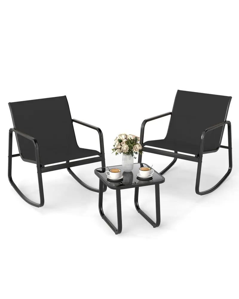 2 Rocking Bistro Chairs and Glass-Top Table for Porch Yard Balcony-Black - Black - Patio Conversation Sets