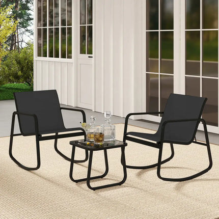2 Rocking Bistro Chairs and Glass-Top Table for Porch Yard Balcony-Black - Black - Patio Conversation Sets